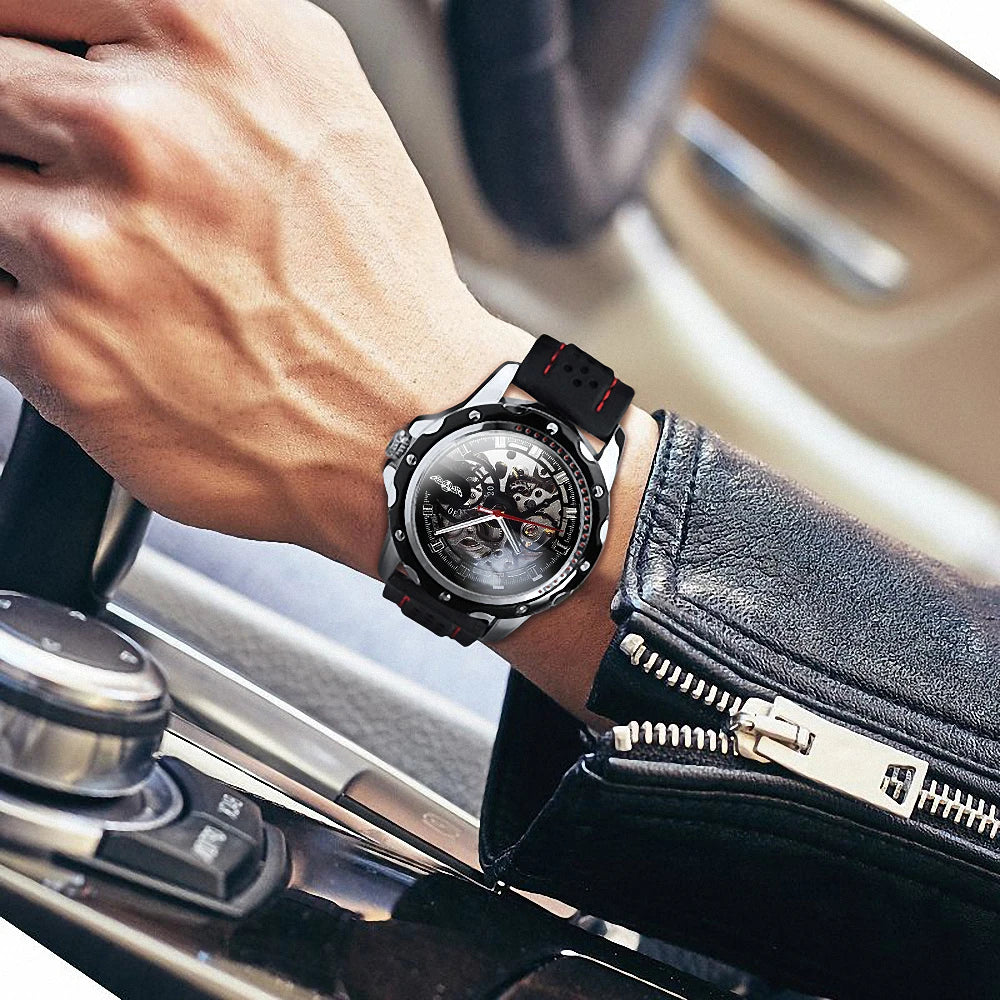 WINNER men’s automatic watch – Skeletonised mechanical model, luminescent hands, rubber strap, sporty yet luxurious style, ideal for outdoor activities