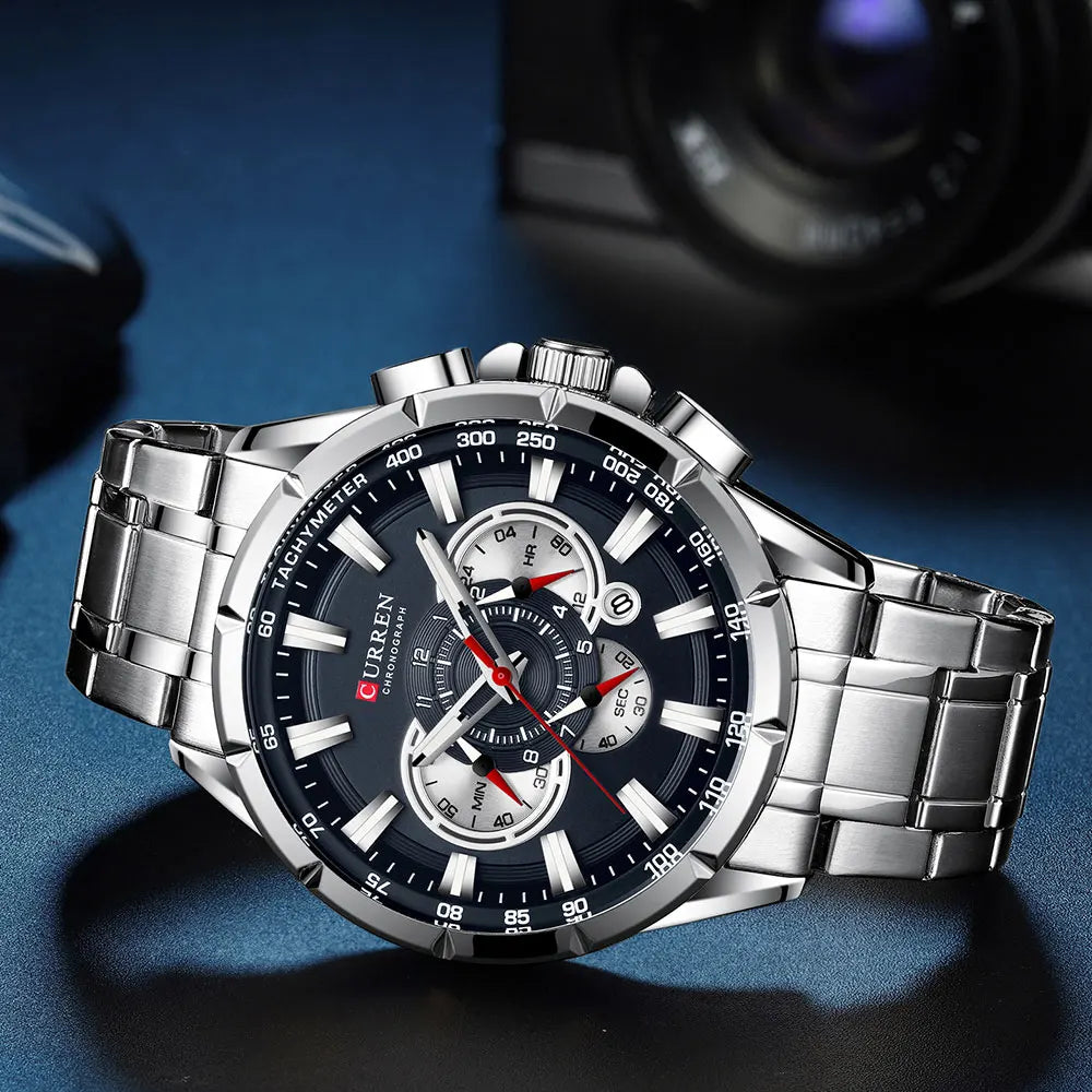 Montre pour homme CURREN – Montre-bracelet de luxe en acier inoxydable, style business, chronographe, modèle militaire à quartz
