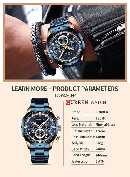 Orologio da uomo Curren con quadrante blu, cinturino in acciaio inox, data, stile business, impermeabile, orologio di lusso da polso per uomo