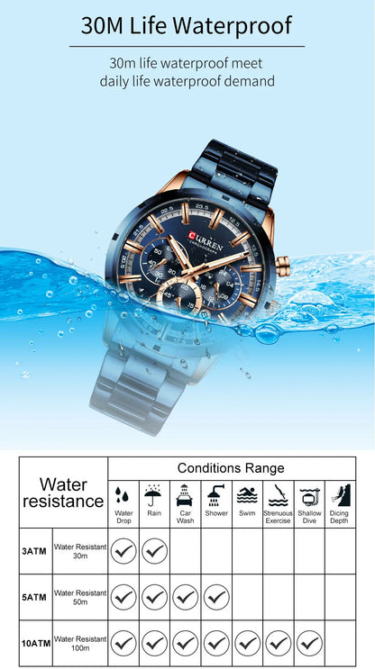 Orologio da uomo Curren con quadrante blu, cinturino in acciaio inox, data, stile business, impermeabile, orologio di lusso da polso per uomo