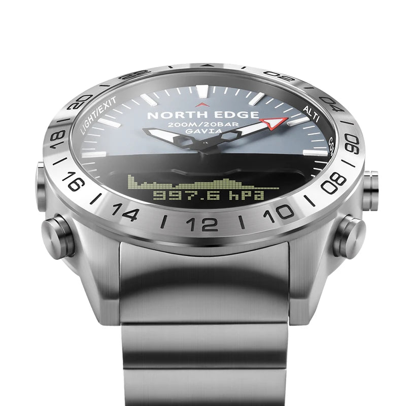Stainless Steel Men's Quartz Watch Dive Sport Watches Waterproof 200M Analog Digital Watch Altimeter Barometer Compass NORTH EDGE