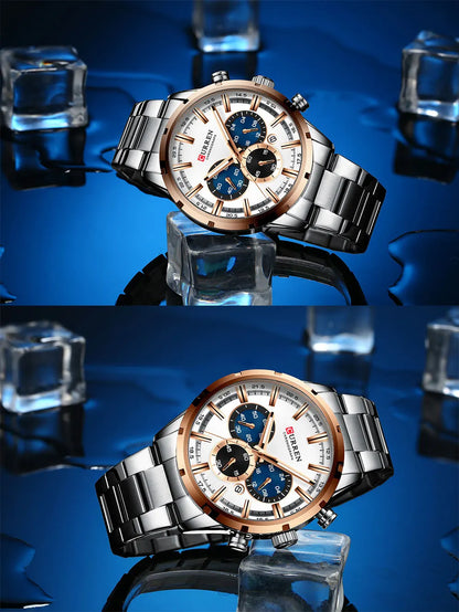 Orologio da uomo Curren con quadrante blu, cinturino in acciaio inox, data, stile business, impermeabile, orologio di lusso da polso per uomo
