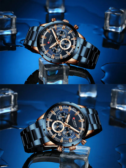 Orologio da uomo Curren con quadrante blu, cinturino in acciaio inox, data, stile business, impermeabile, orologio di lusso da polso per uomo