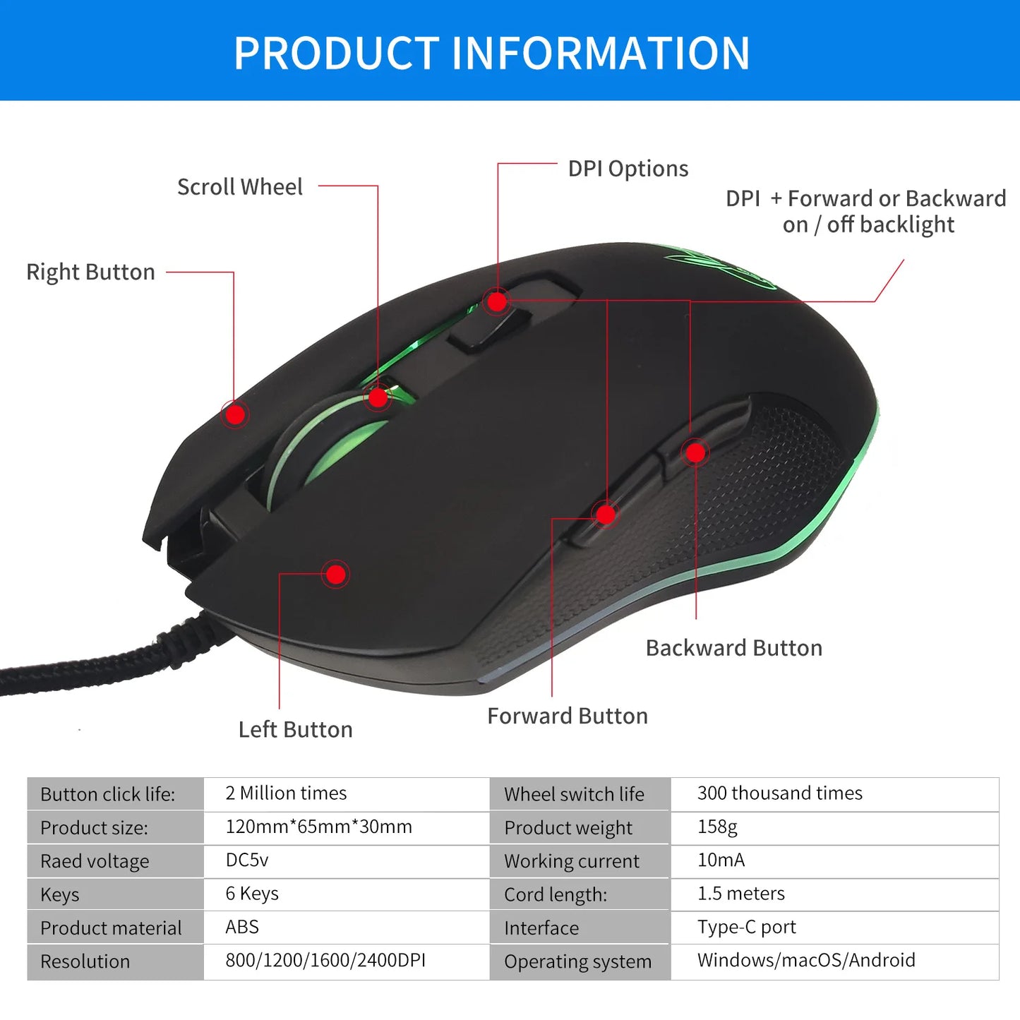 USB-C Mute Colorful Luminous Mouse for Type C Notebook Computer Gaming Mouse