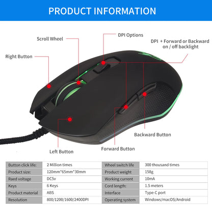 USB-C Mute Colorful Luminous Mouse for Type C Notebook Computer Gaming Mouse