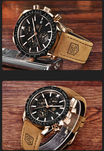BENYAR luxury men’s watches – Quartz wristwatches with leather straps, water-resistant to 30 m, sporty style.