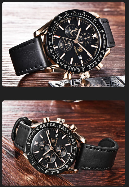 BENYAR luxury men’s watches – Quartz wristwatches with leather straps, water-resistant to 30 m, sporty style.