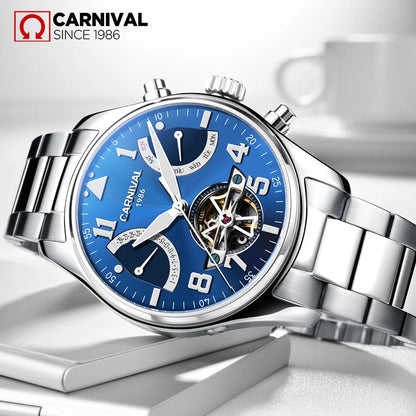 CARNIVAL Fashion Tourbillon Mechanical Watches for Man Automatic Watch Sapphire Waterproof Calendar Luminous Relogio Masculino
