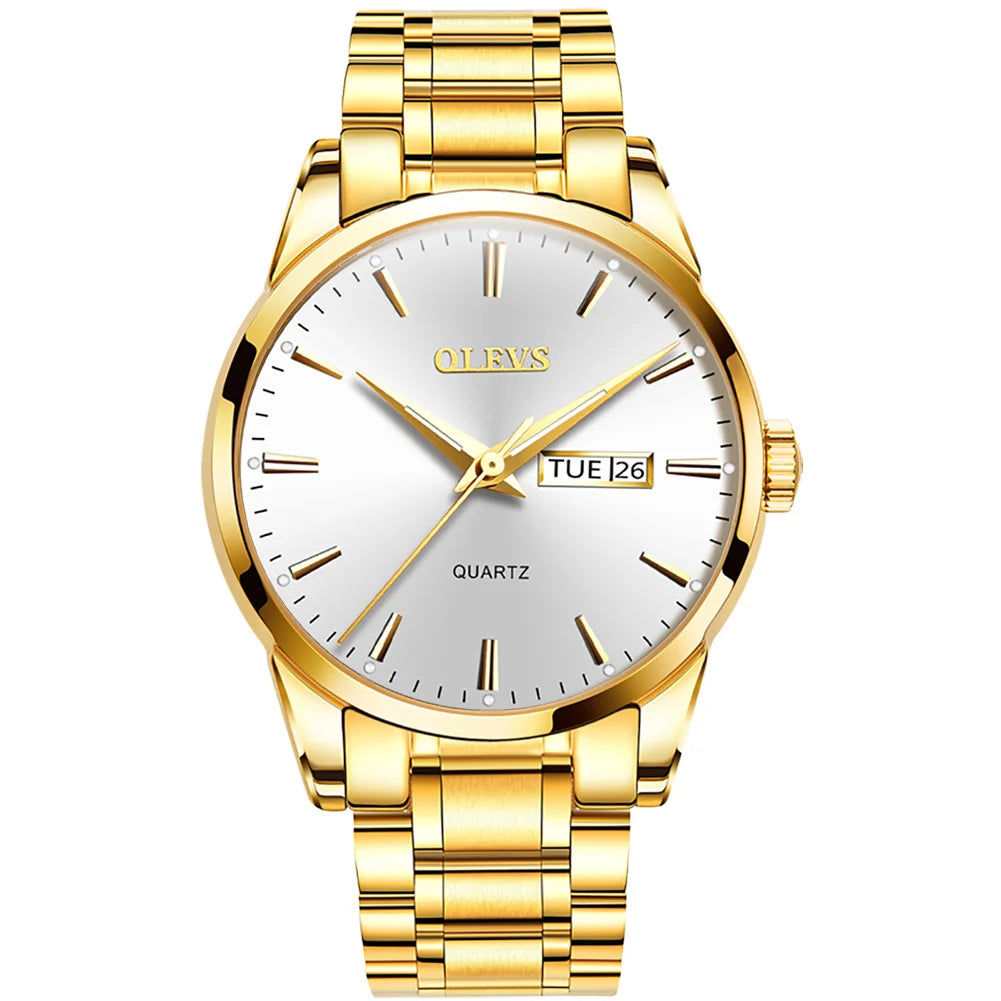 OLEVS Men’s Watch – Stainless steel quartz wristwatch, water-resistant, gold-coloured, elegant and luminous, a luxury accessory for men