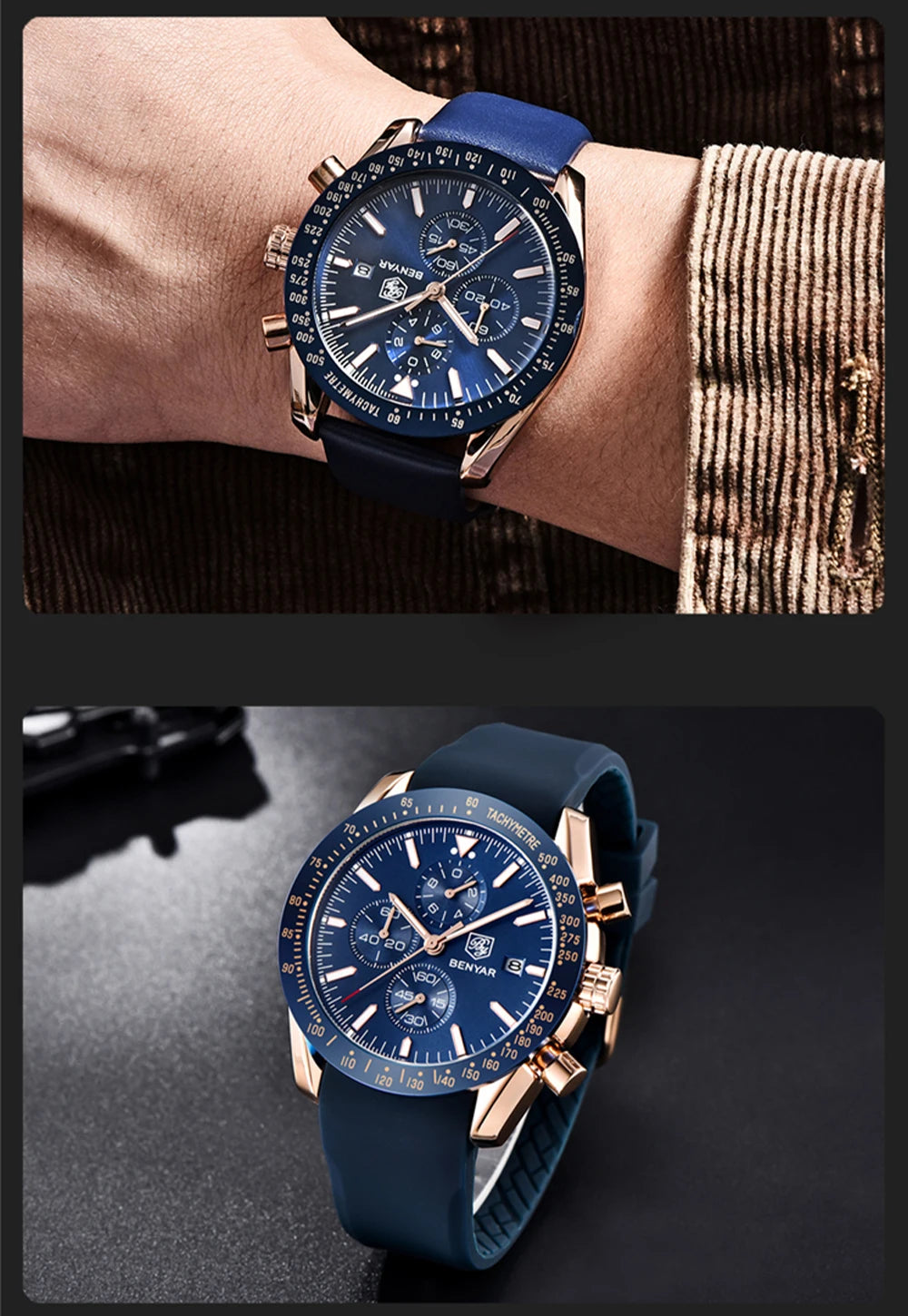 BENYAR luxury men’s watches – Quartz wristwatches with leather straps, water-resistant to 30 m, sporty style.