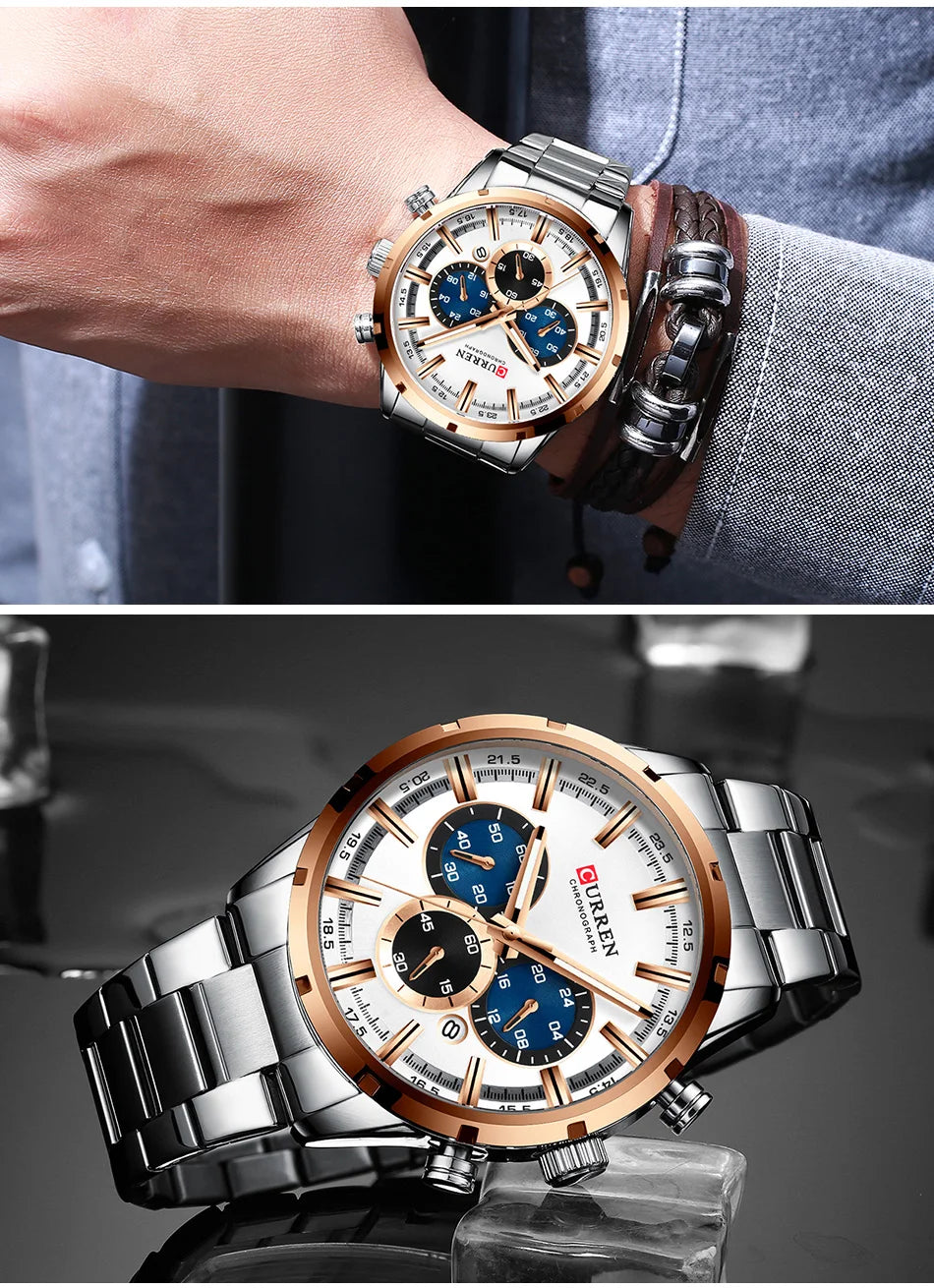 CURREN Men’s Watch – Luxury sports chronograph, quartz movement, all-steel, water-resistant
