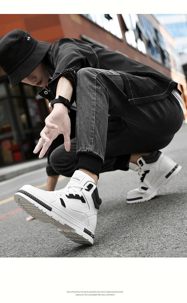 FUQIAO New High Top Elevator Shoes Casual Men Sneakers Heightening Height Increase 8cm Cow Split Leather Leisure Designer Shoes