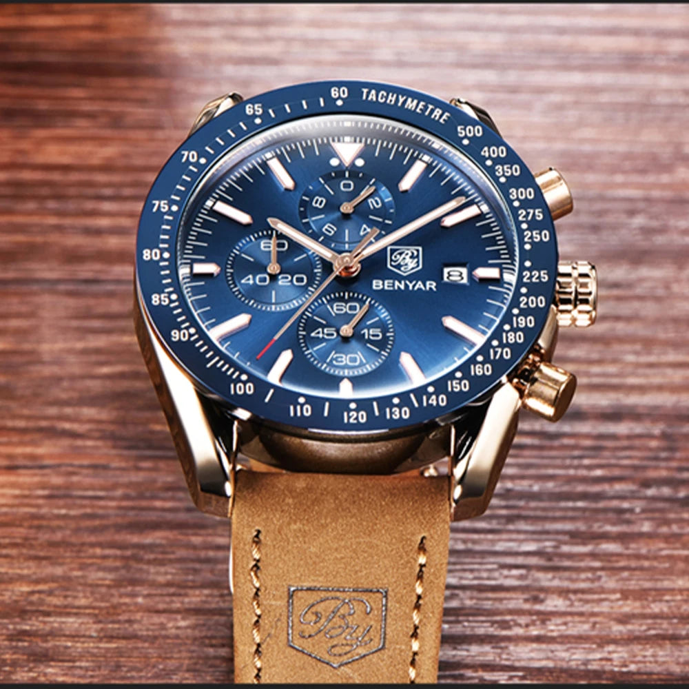BENYAR luxury men’s watches – Quartz wristwatches with leather straps, water-resistant to 30 m, sporty style.