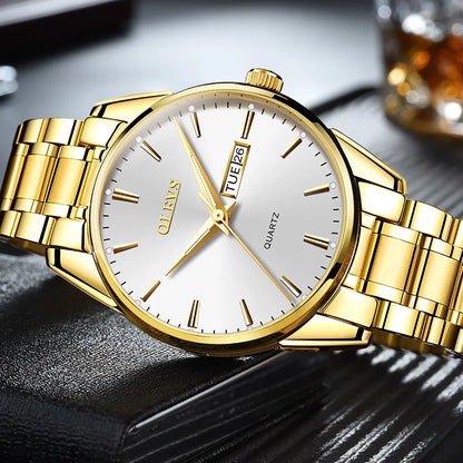 OLEVS Men’s Watch – Stainless steel quartz wristwatch, water-resistant, gold-coloured, elegant and luminous, a luxury accessory for men