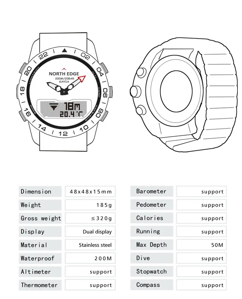 Stainless Steel Men's Quartz Watch Dive Sport Watches Waterproof 200M Analog Digital Watch Altimeter Barometer Compass NORTH EDGE