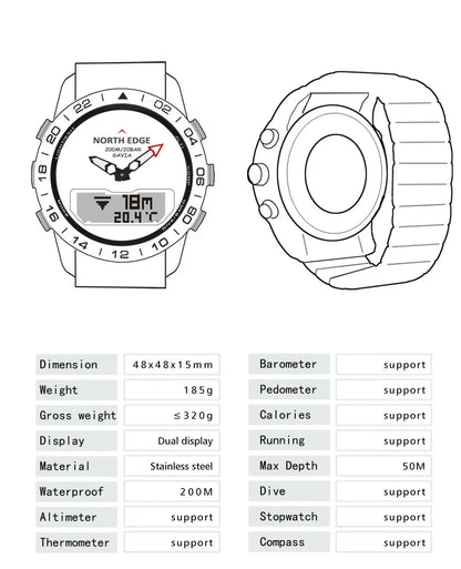 Stainless Steel Men's Quartz Watch Dive Sport Watches Waterproof 200M Analog Digital Watch Altimeter Barometer Compass NORTH EDGE