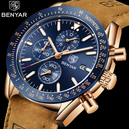 BENYAR luxury men’s watches – Quartz wristwatches with leather straps, water-resistant to 30 m, sporty style.