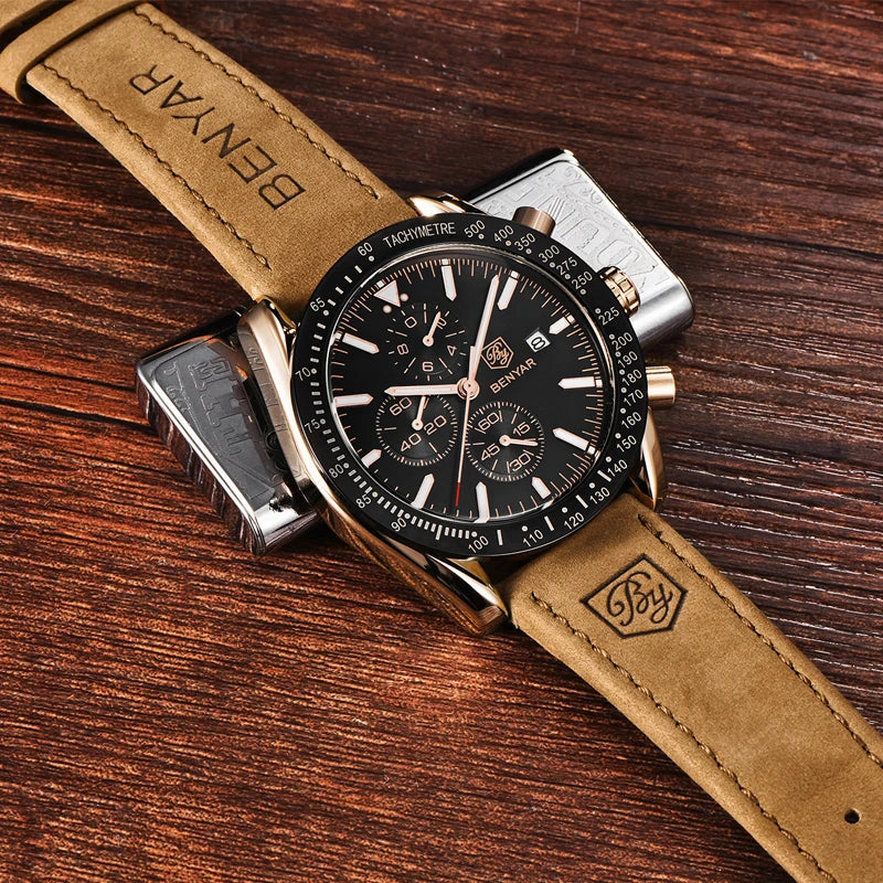 BENYAR luxury men’s watches – Quartz wristwatches with leather straps, water-resistant to 30 m, sporty style.
