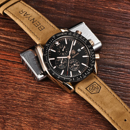 BENYAR luxury men’s watches – Quartz wristwatches with leather straps, water-resistant to 30 m, sporty style.