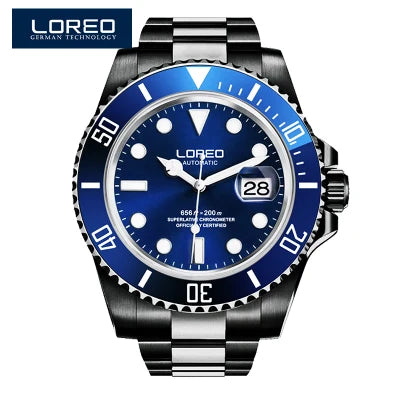 LOREO New Sapphire Glass Automatic Mechanical Watch Luxury Steel 200m Waterproof Business Watch Men Watches Reloj Hombre