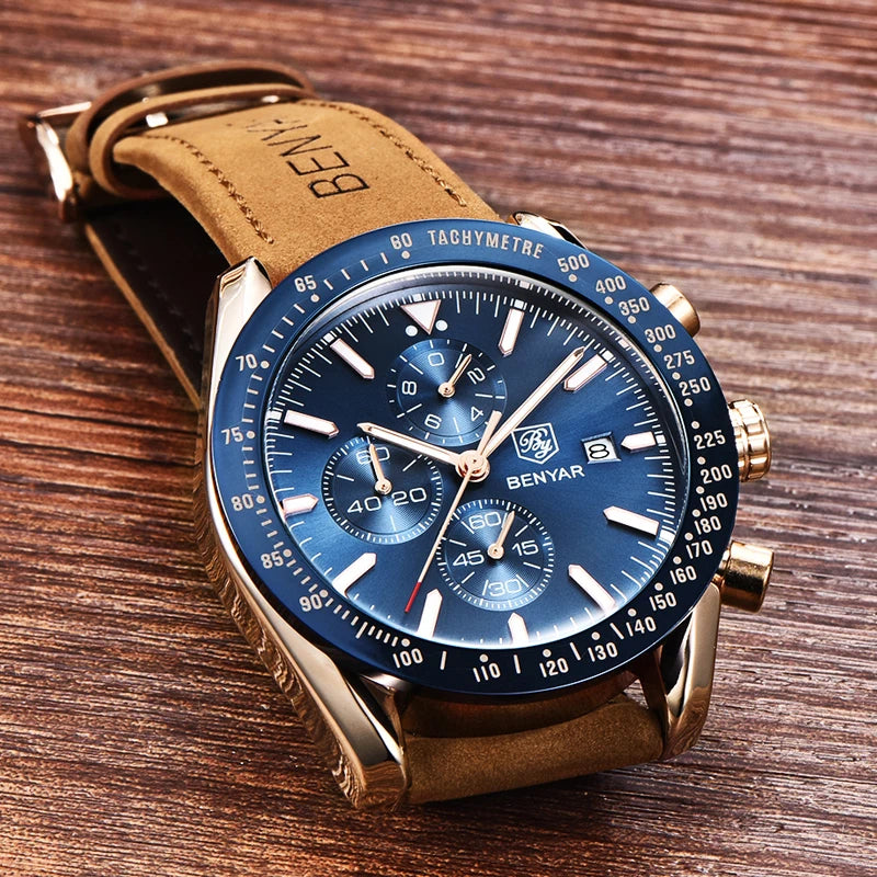 BENYAR luxury men’s watches – Quartz wristwatches with leather straps, water-resistant to 30 m, sporty style.