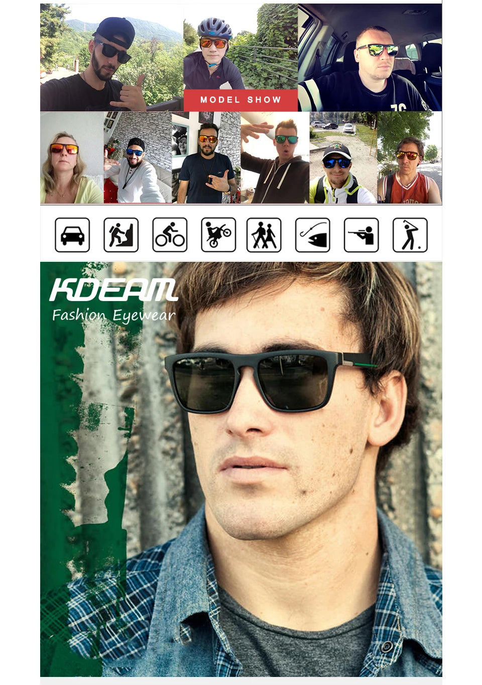 KDEAM Polarized Designer Square Sunglasses Men or Women Elastic Paint Frame Mirror Sun Glasses 17 Colors Available