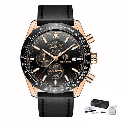 BENYAR luxury men’s watches – Quartz wristwatches with leather straps, water-resistant to 30 m, sporty style.