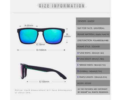 KDEAM Polarized Designer Square Sunglasses Men or Women Elastic Paint Frame Mirror Sun Glasses 17 Colors Available