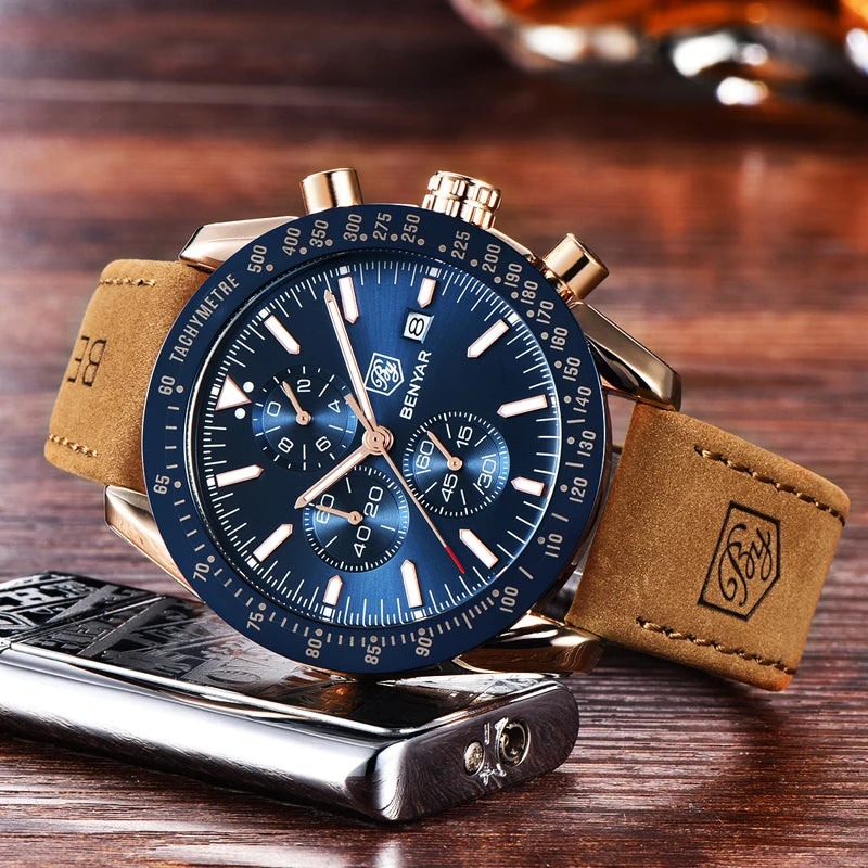 BENYAR luxury men’s watches – Quartz wristwatches with leather straps, water-resistant to 30 m, sporty style.