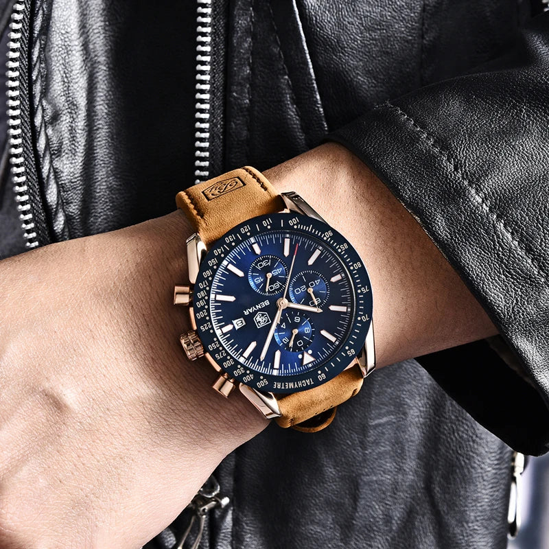 BENYAR luxury men’s watches – Quartz wristwatches with leather straps, water-resistant to 30 m, sporty style.