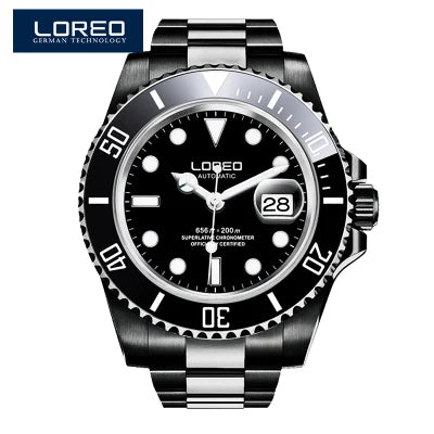 LOREO New Sapphire Glass Automatic Mechanical Watch Luxury Steel 200m Waterproof Business Watch Men Watches Reloj Hombre
