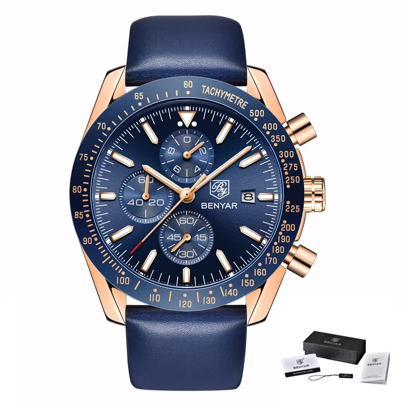 BENYAR luxury men’s watches – Quartz wristwatches with leather straps, water-resistant to 30 m, sporty style.