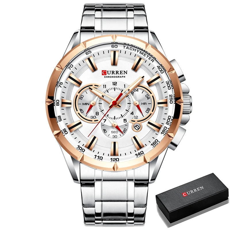 Montre pour homme CURREN – Montre-bracelet de luxe en acier inoxydable, style business, chronographe, modèle militaire à quartz