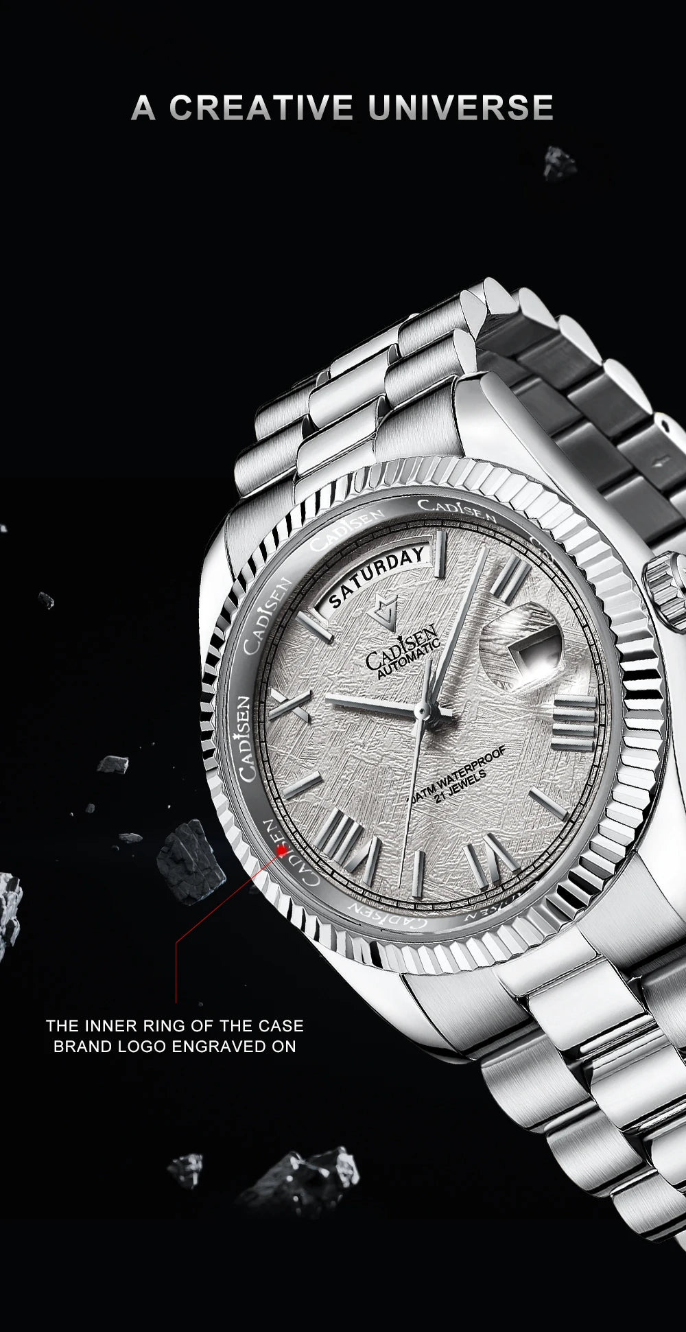 CADISEN Men's Mechanical Watches Luxury Meteorite Dial Automatic Watch For Men Week 100M Japan MIYOTA 8285 Movement Clock Man