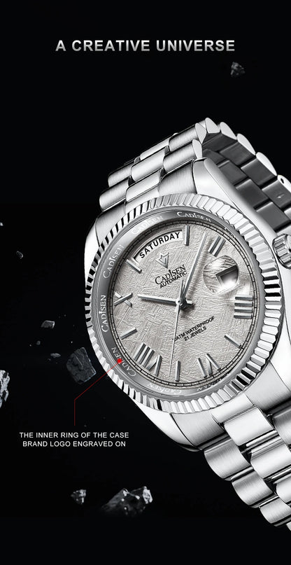 CADISEN Men's Mechanical Watches Luxury Meteorite Dial Automatic Watch For Men Week 100M Japan MIYOTA 8285 Movement Clock Man