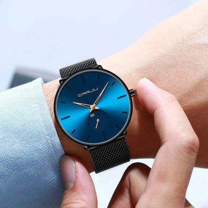 Montre pour homme CRRJU – Montre à quartz de luxe, style décontracté, fine, avec bracelet en maille d'acier, étanche et sportive.