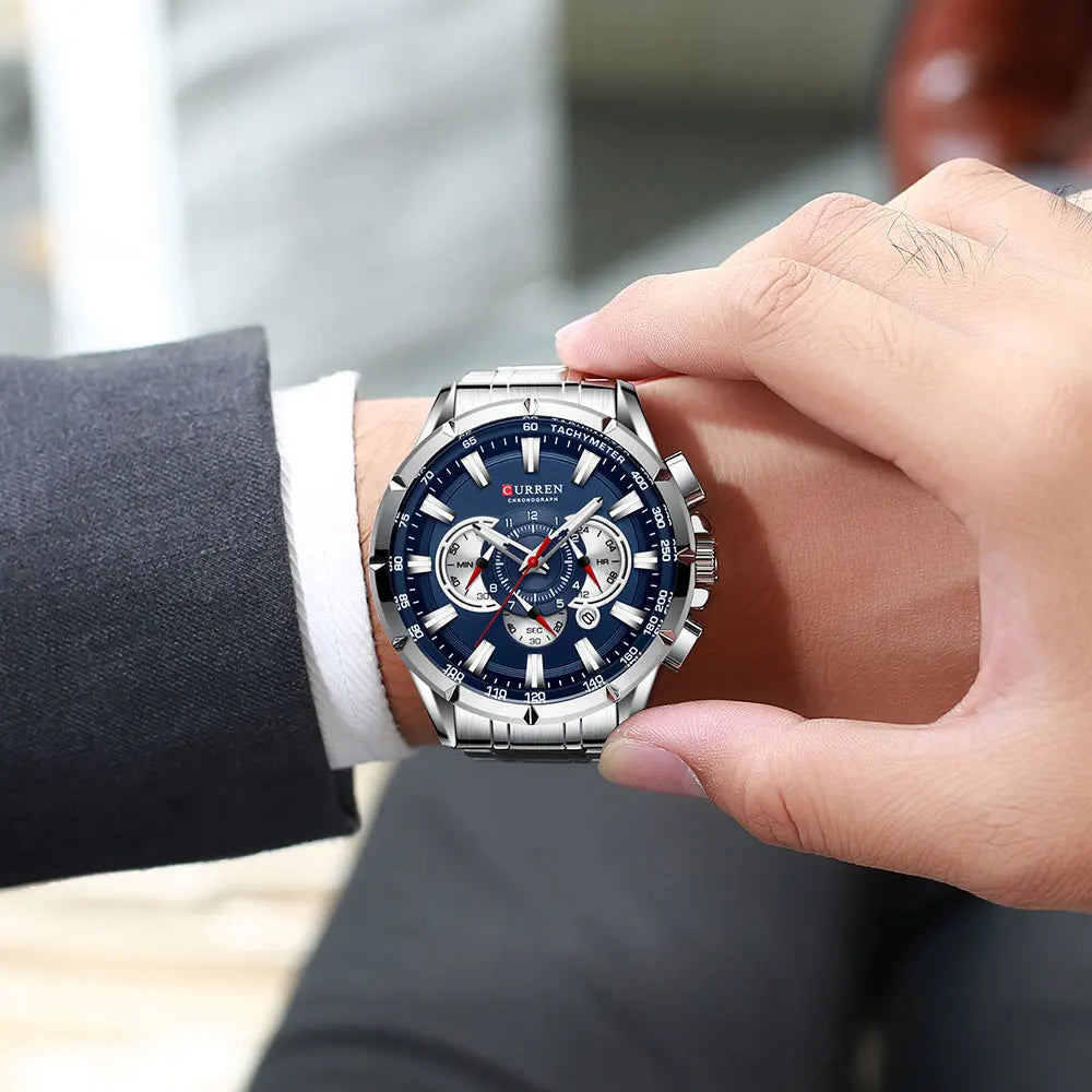 Montre pour homme CURREN – Montre-bracelet de luxe en acier inoxydable, style business, chronographe, modèle militaire à quartz