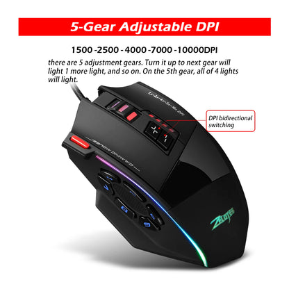 ZELOTES C-13 RGB Gaming Mouse with Side Buttons Macro Programming 10000DPI Adjustable 13 Key Wired USB Backlit Mouse for Desktop