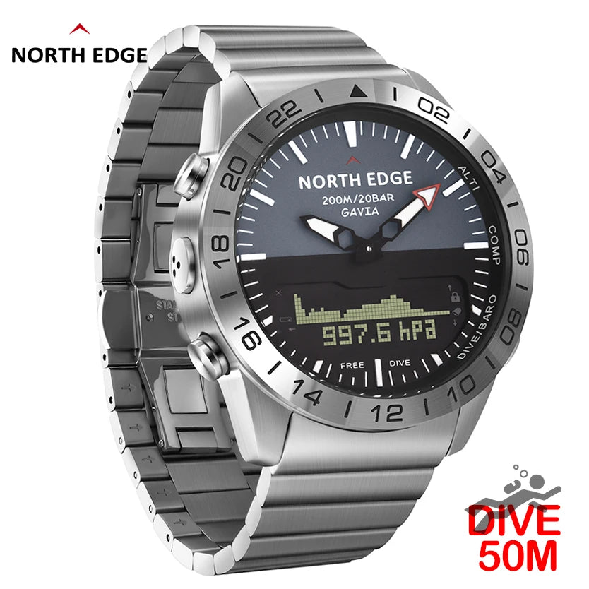 Stainless Steel Men's Quartz Watch Dive Sport Watches Waterproof 200M Analog Digital Watch Altimeter Barometer Compass NORTH EDGE