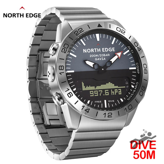 Stainless Steel Men's Quartz Watch Dive Sport Watches Waterproof 200M Analog Digital Watch Altimeter Barometer Compass NORTH EDGE