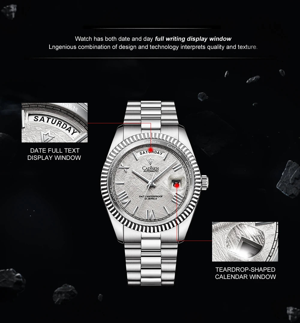 CADISEN Men's Mechanical Watches Luxury Meteorite Dial Automatic Watch For Men Week 100M Japan MIYOTA 8285 Movement Clock Man