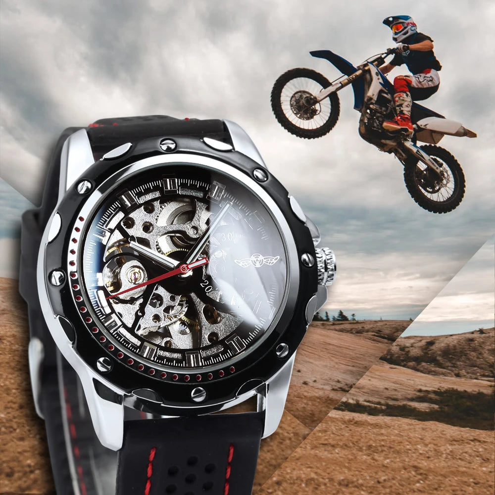 WINNER men’s automatic watch – Skeletonised mechanical model, luminescent hands, rubber strap, sporty yet luxurious style, ideal for outdoor activities