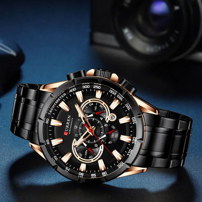 Montre pour homme CURREN – Montre-bracelet de luxe en acier inoxydable, style business, chronographe, modèle militaire à quartz
