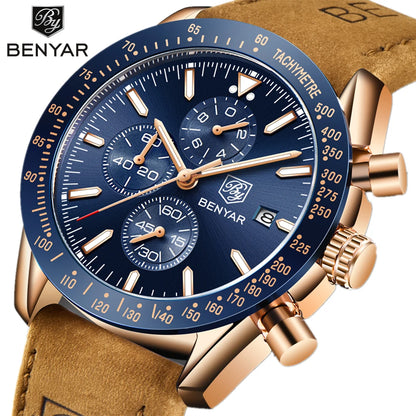 BENYAR luxury men’s watches – Quartz wristwatches with leather straps, water-resistant to 30 m, sporty style.
