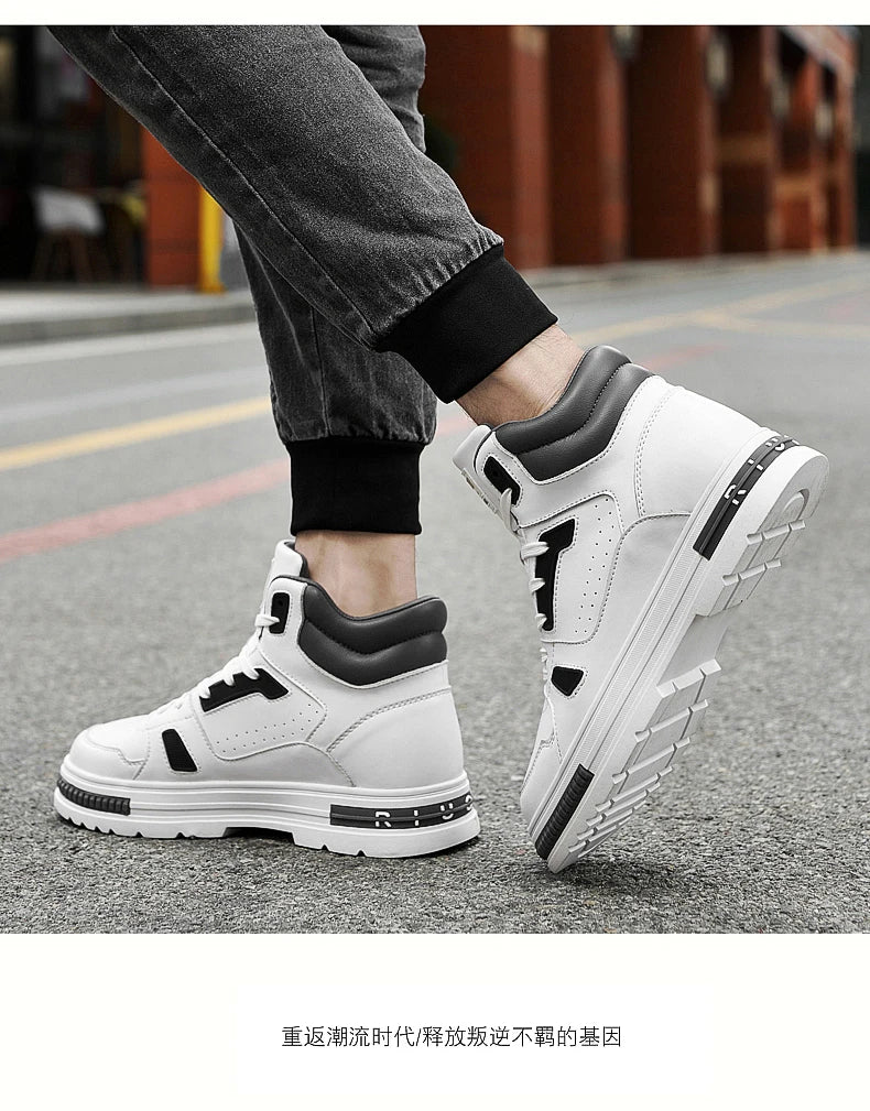 FUQIAO New High Top Elevator Shoes Casual Men Sneakers Heightening Height Increase 8cm Cow Split Leather Leisure Designer Shoes