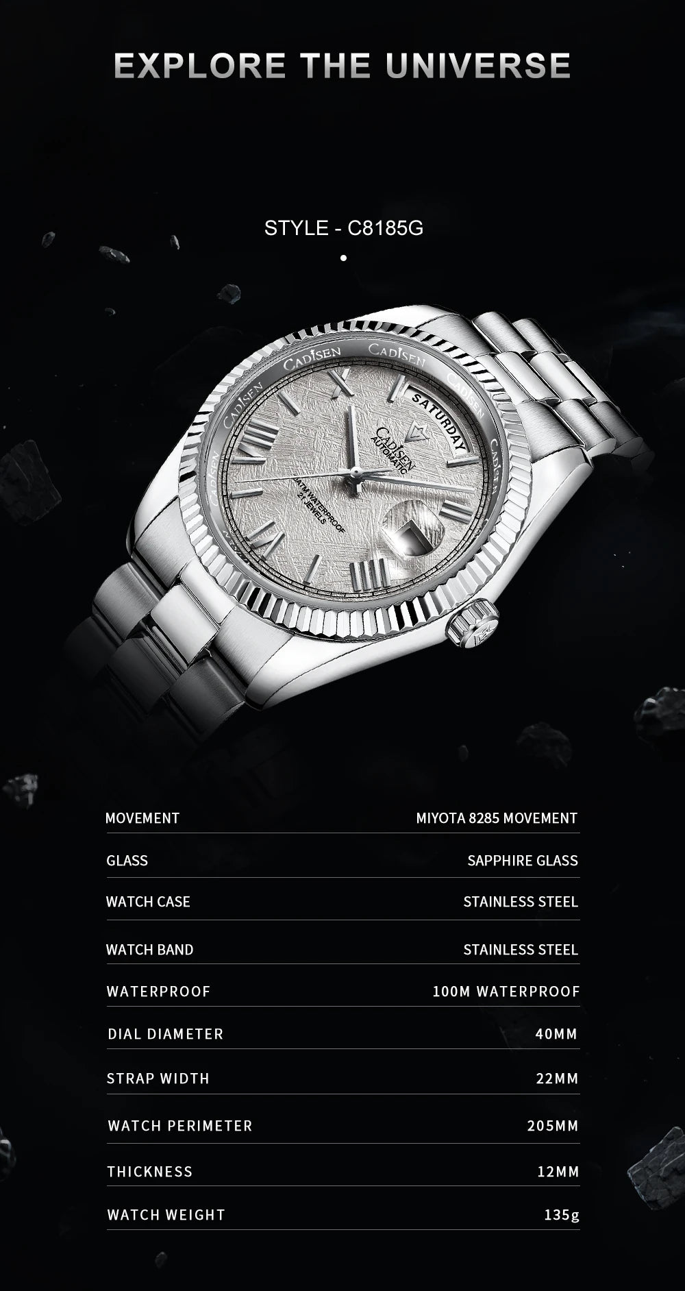 CADISEN Men's Mechanical Watches Luxury Meteorite Dial Automatic Watch For Men Week 100M Japan MIYOTA 8285 Movement Clock Man