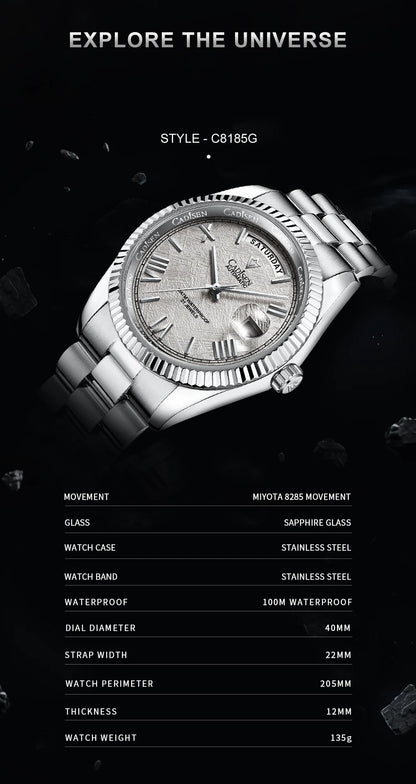 CADISEN Men's Mechanical Watches Luxury Meteorite Dial Automatic Watch For Men Week 100M Japan MIYOTA 8285 Movement Clock Man