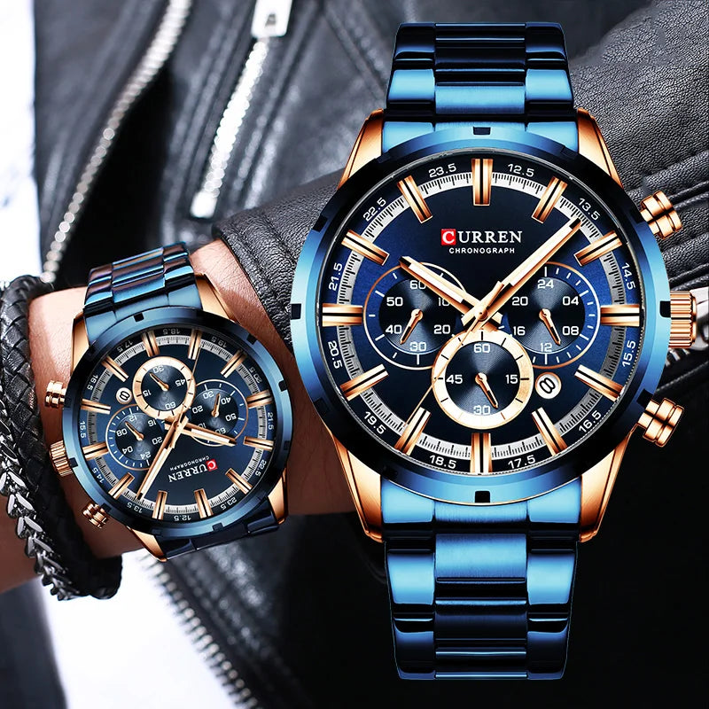 Orologio da uomo Curren con quadrante blu, cinturino in acciaio inox, data, stile business, impermeabile, orologio di lusso da polso per uomo