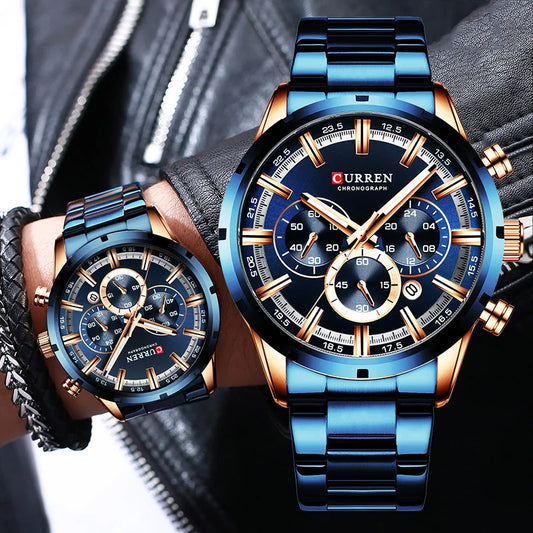 Curren Men's Watch Blue Dial Stainless Steel Band Date Men's Business Watches Waterproof Luxuries Men Wrist Watches for Men