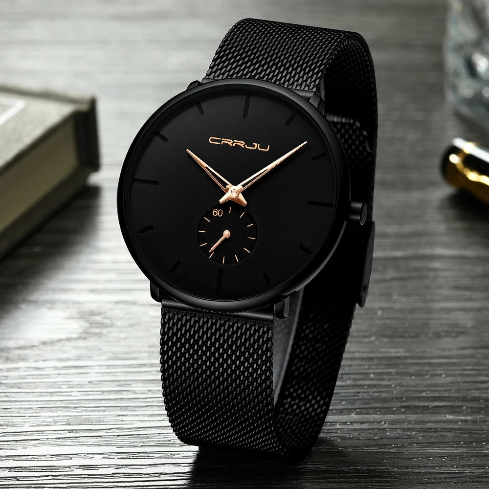 Montre pour homme CRRJU – Montre à quartz de luxe, style décontracté, fine, avec bracelet en maille d'acier, étanche et sportive.